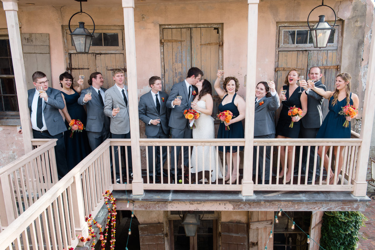 wedding party on a balcony