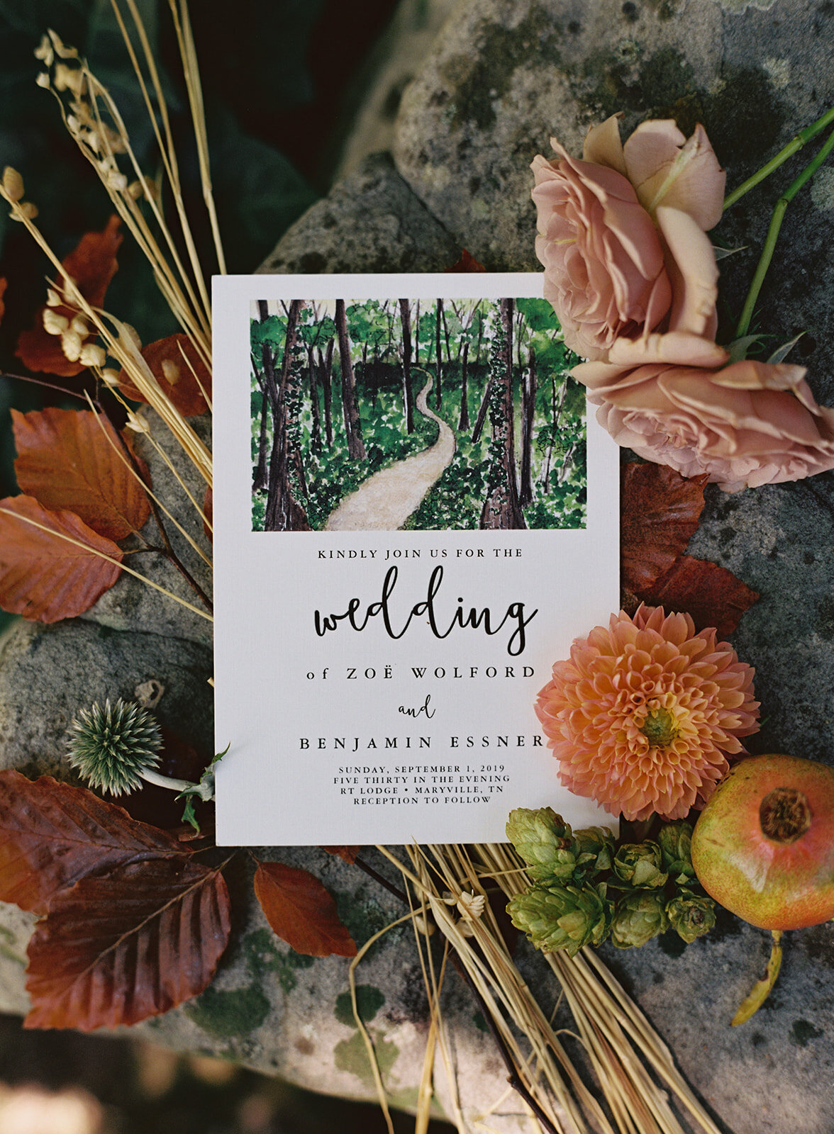 Late summer wildflower-inspired wedding floral design at RT Lodge. Custom watercolor invitation. Designed by Rosemary and Finch in Nashville, TN.
