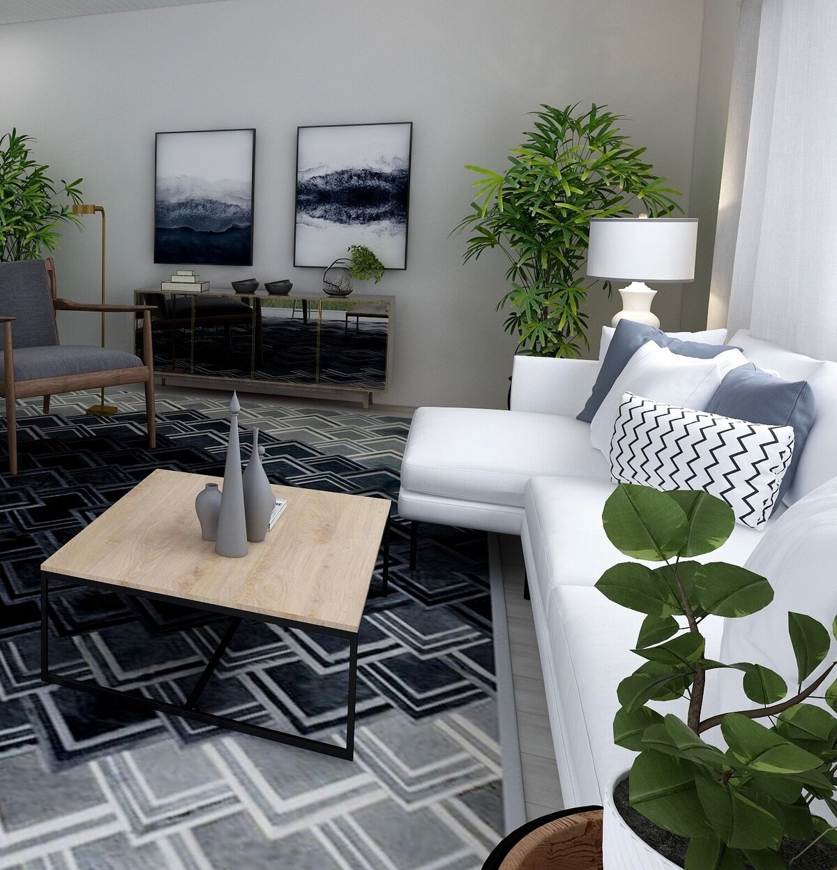 White and black moody living room rendering