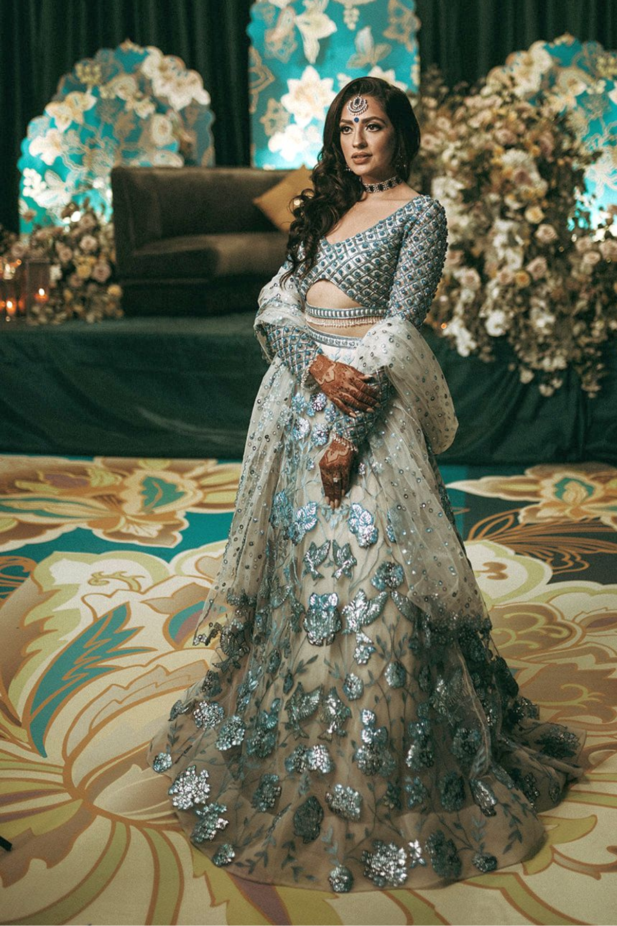 blue-teal-gold-sangeet-yellow-roses-bride-lehenga