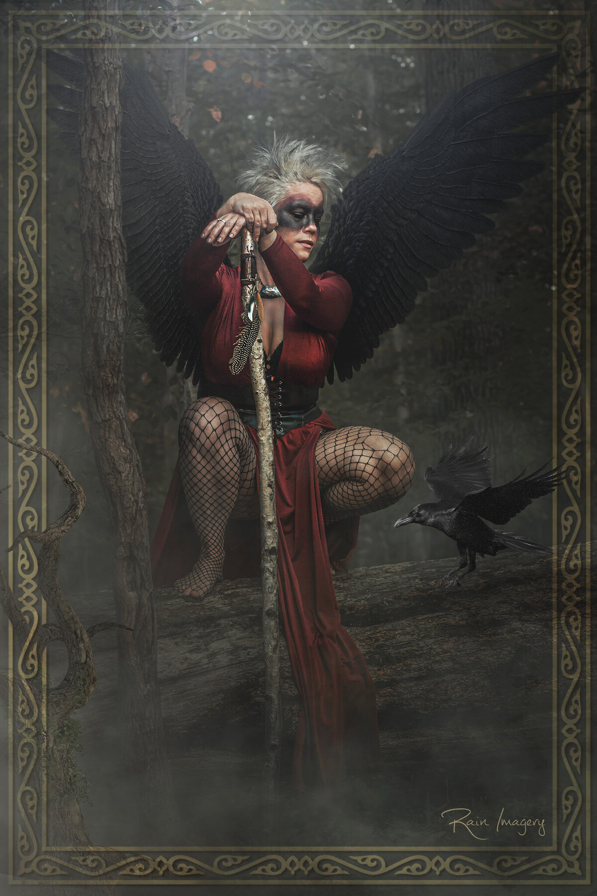 Fantasy portrait of a winged woman and a raven in the Virginia forest