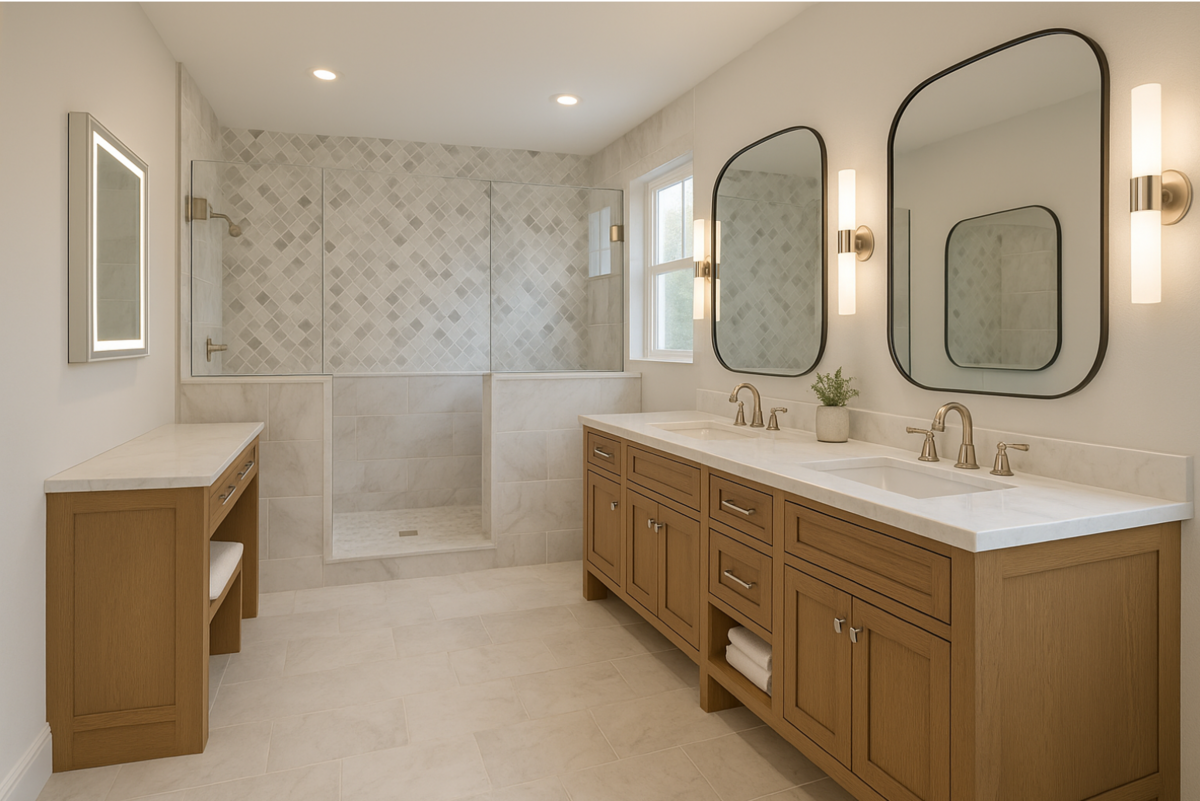 Rancho Mission Viejo Bathroom remodel by Terri Brien Interiors featuring white oak dual sink vanity and white oak makeup vanity with marble shower and marble flooring