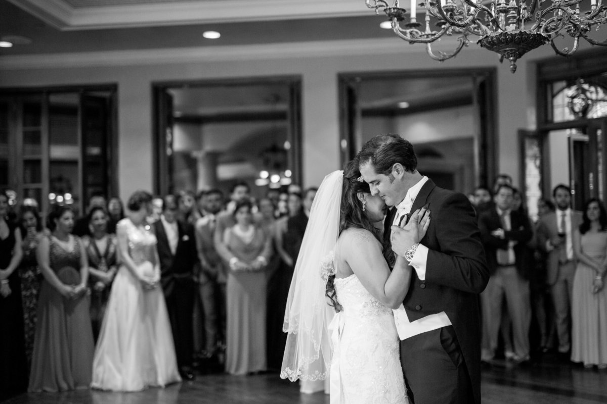 black and white photo bride and groom wedding first dance at Dominion Country Club reception san antonio texas