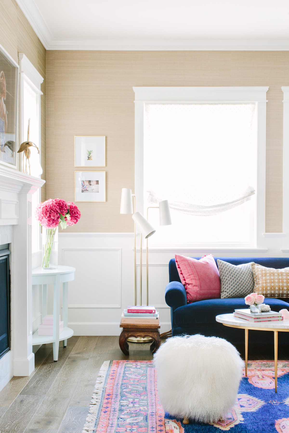 Traditional and modern navy and pink living room