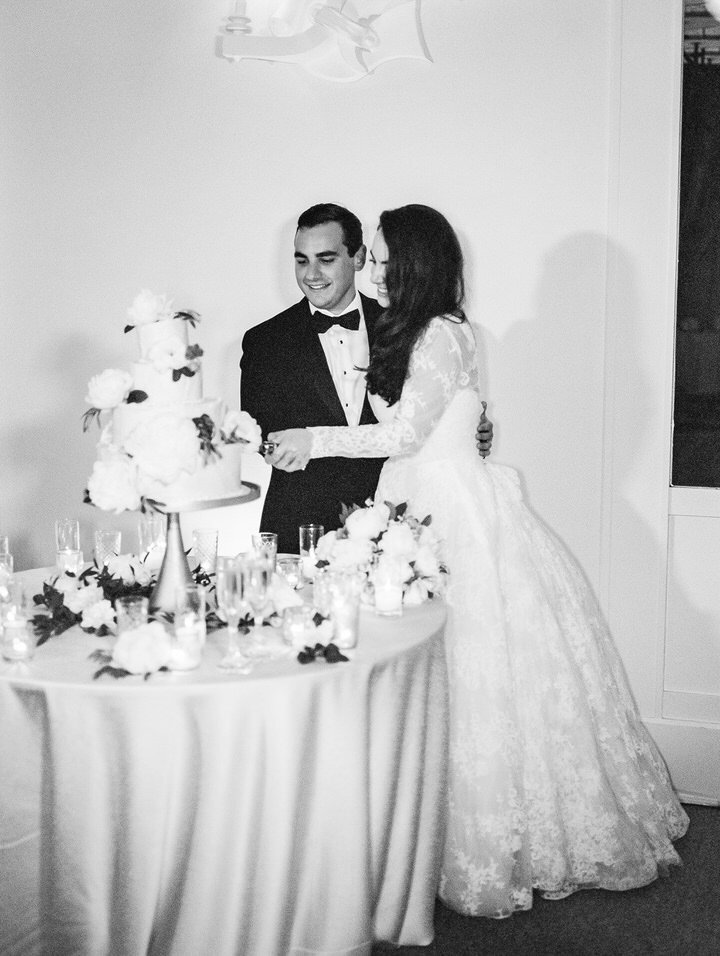 black and white cake cutting phots on black and white film
