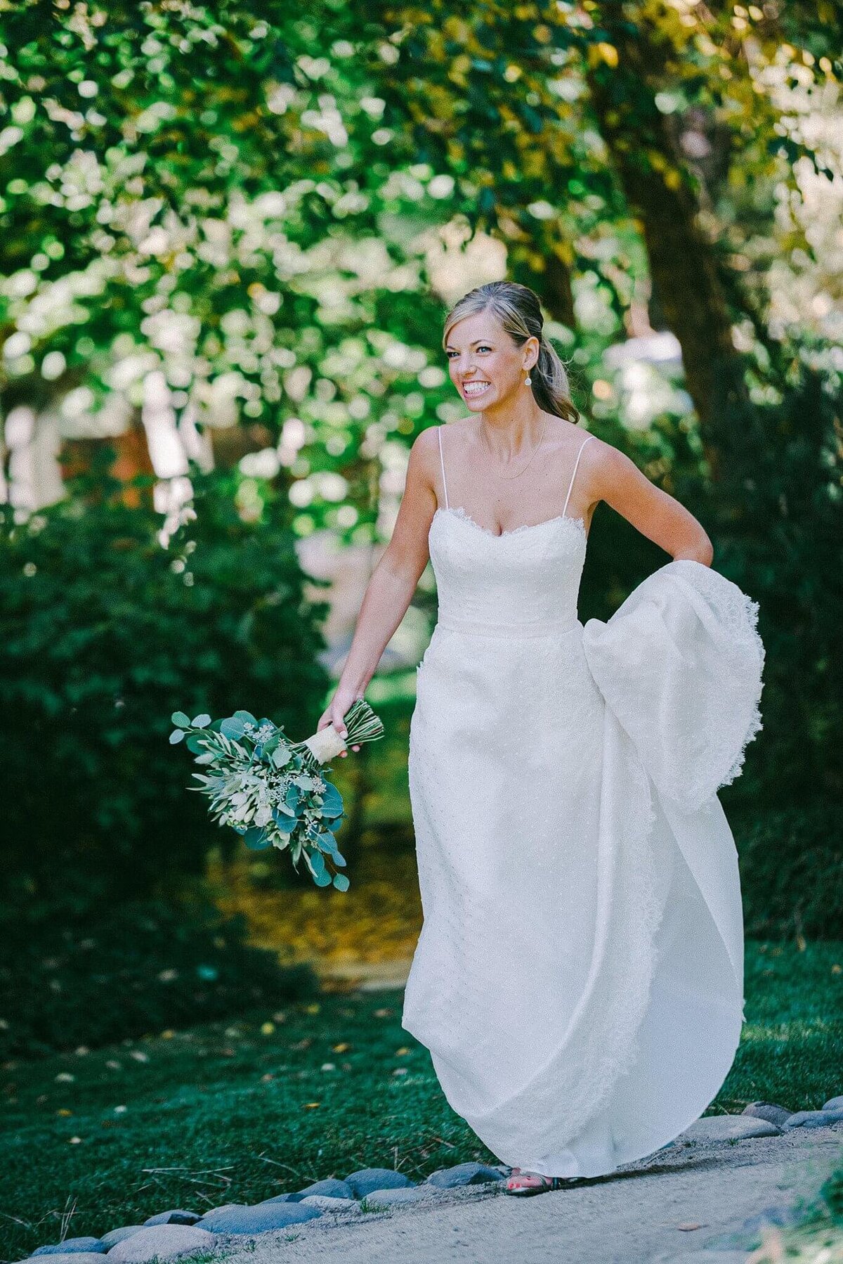 bride on her way to first look at Hyatt Tahoe wedding