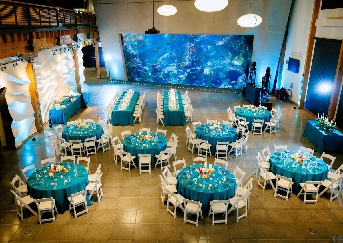 A view from above a bat mitzvah reception set up in an aquarium with teal linens