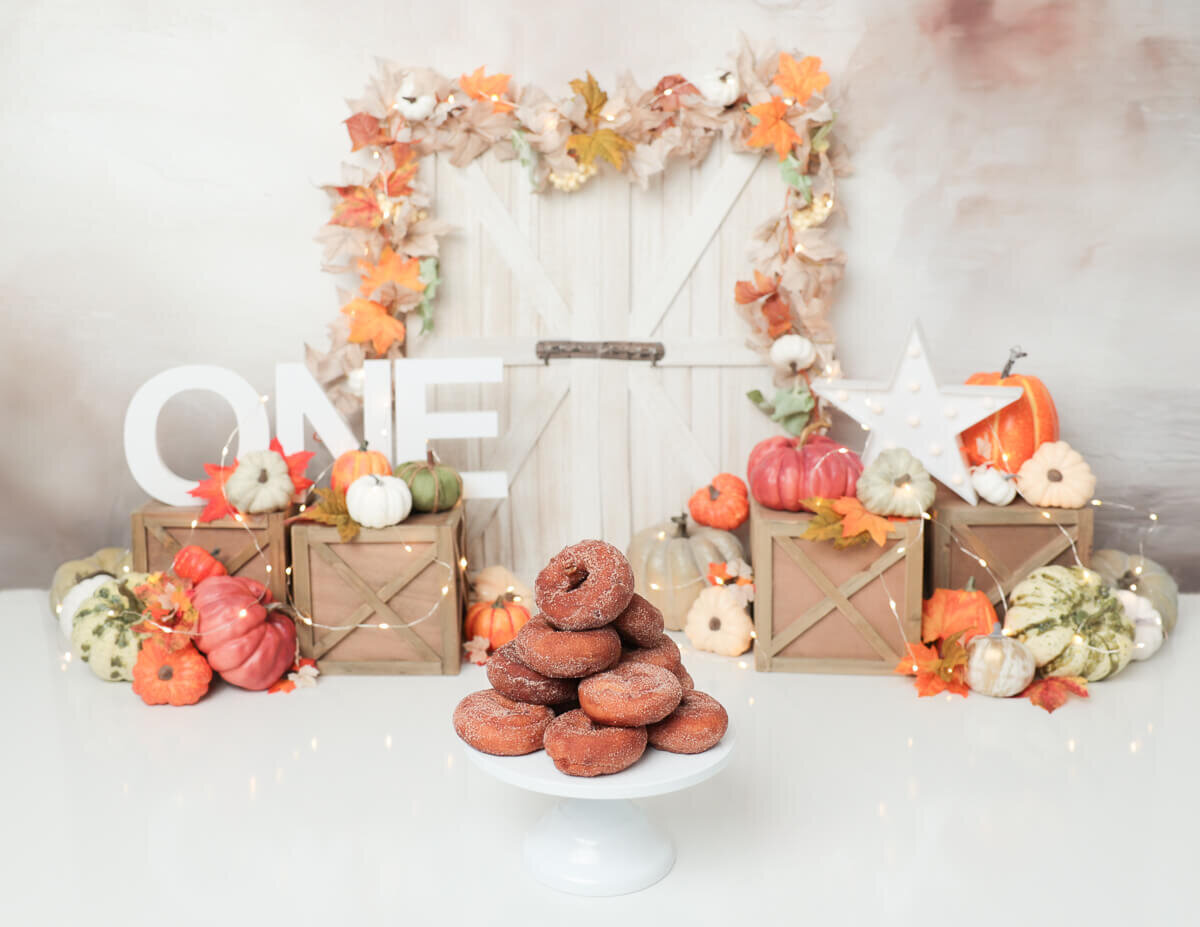 Custom pumpkin-themed birthday cake smash photo taken in Rochester, NY.