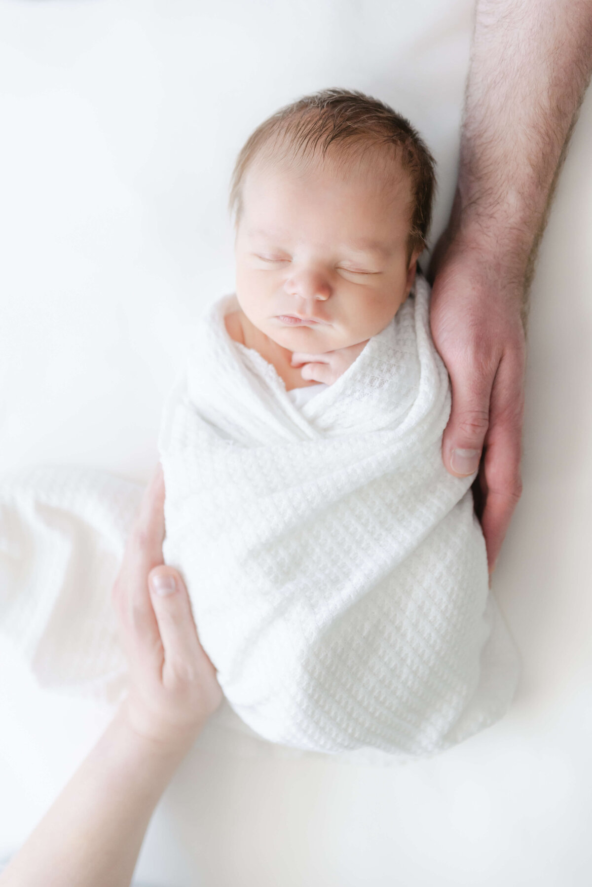 newborn baby boy on white background with mom and dad's hands