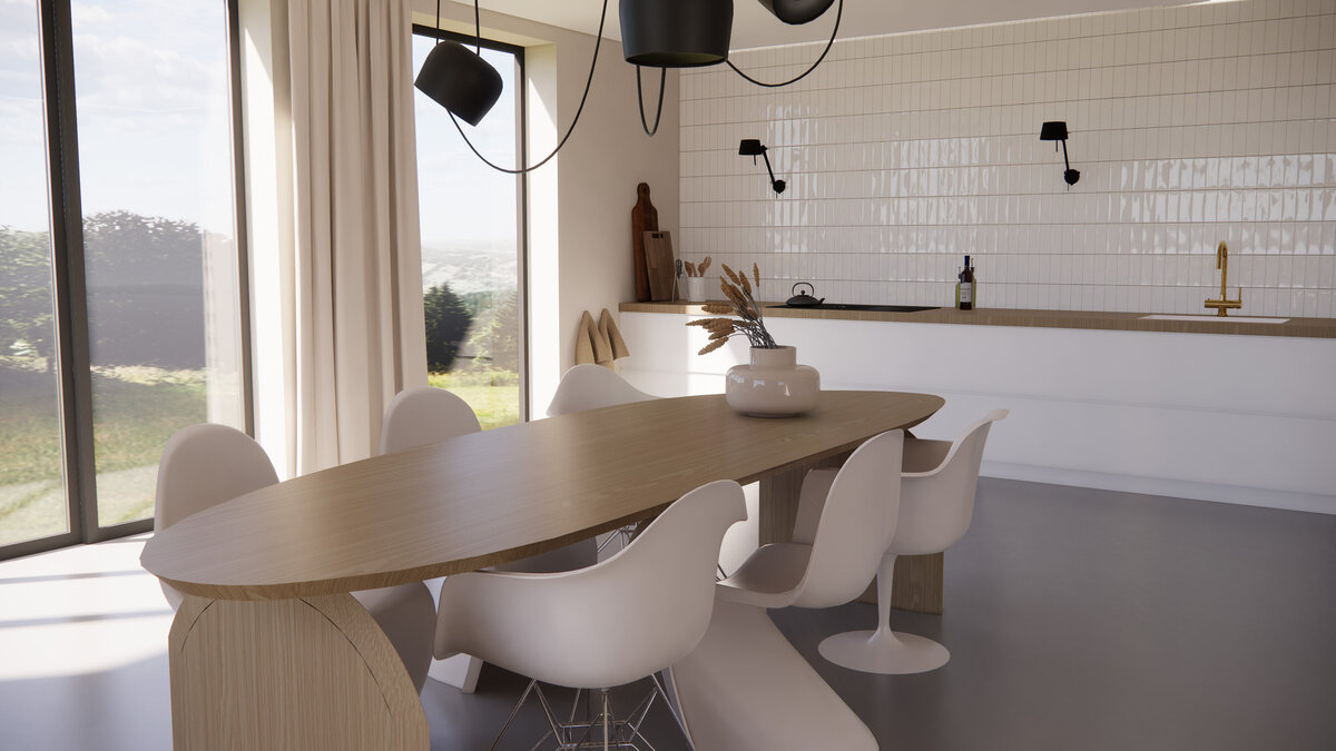 renderbeeld witte keuken houten eettafel en designstoelen
