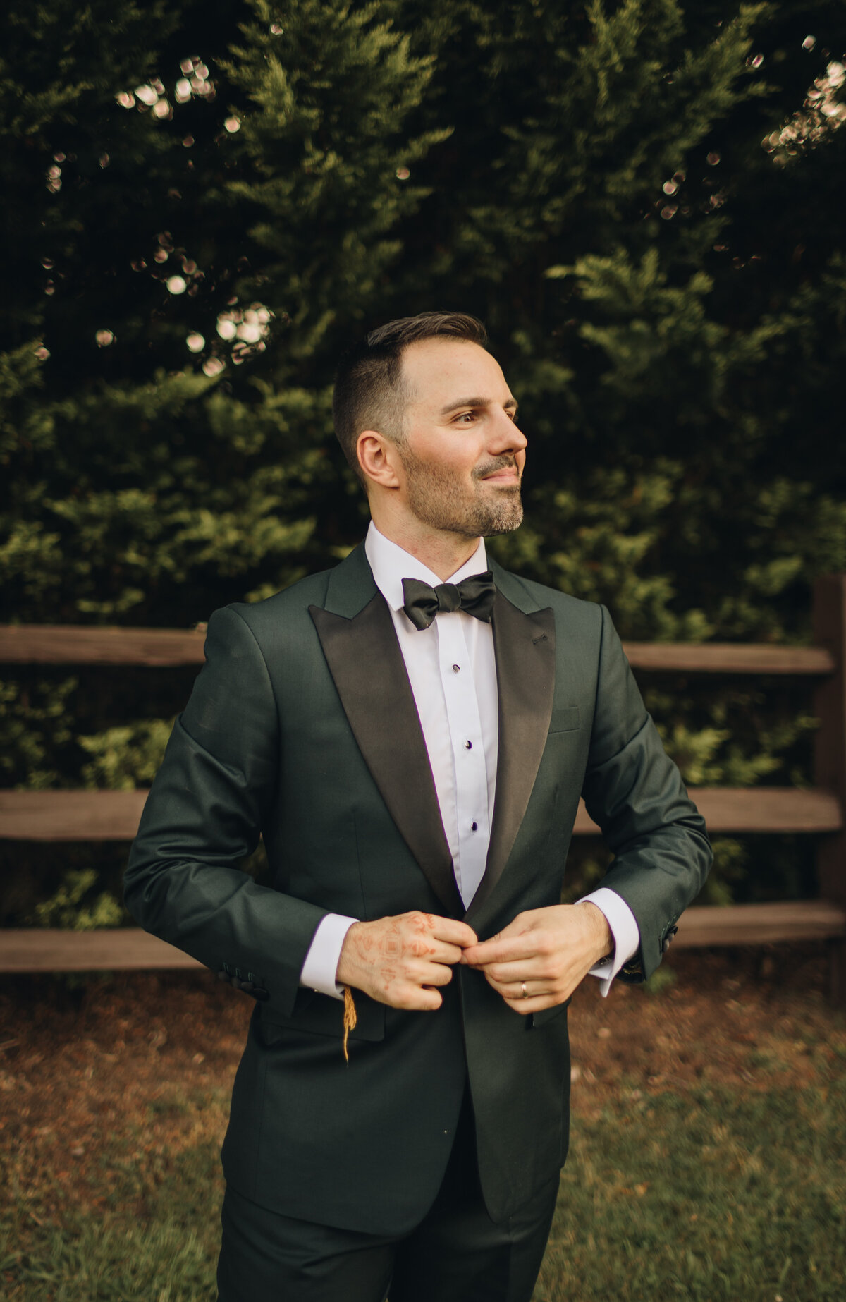 TONY + REKHA Ashville Wedding Day 2 - RECEPTION- before dinner portraits - Groom attire of green tux