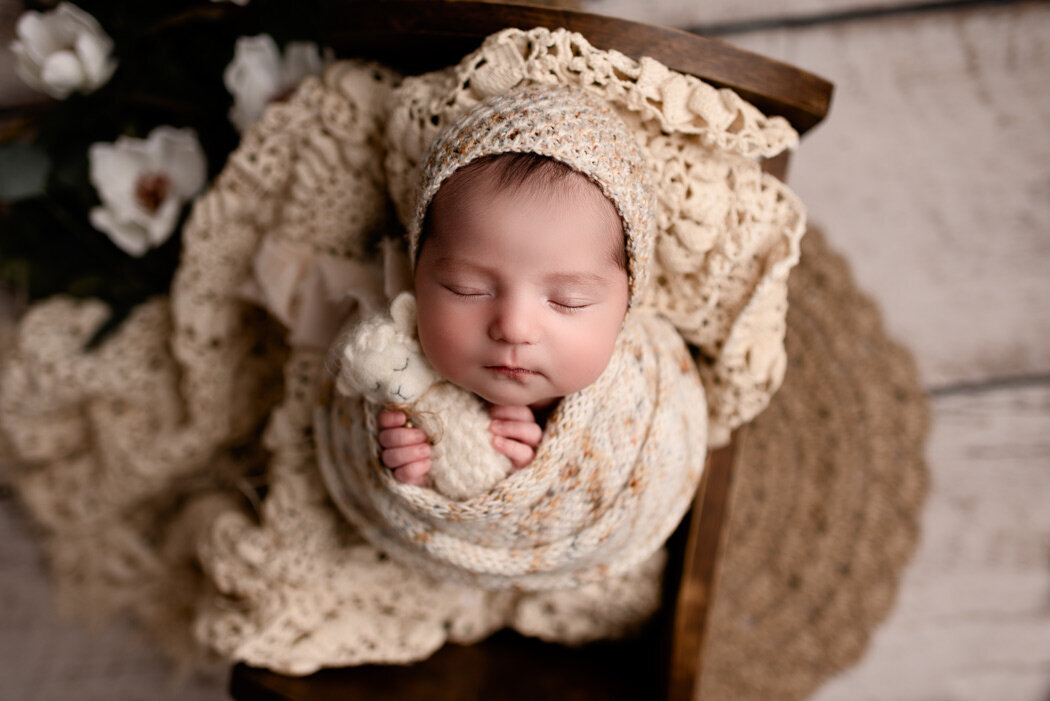 Brighton Newborn Photographer baby wrapped holding giraffe by For The Love Of Photography