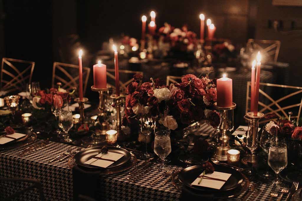 Moody candlelit wedding reception at JM Cellars in Seattle.