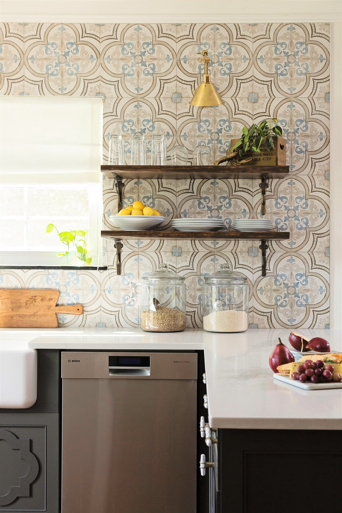 Geometric Pattern Kitchen Wall Design + Wall Mounted Shelf