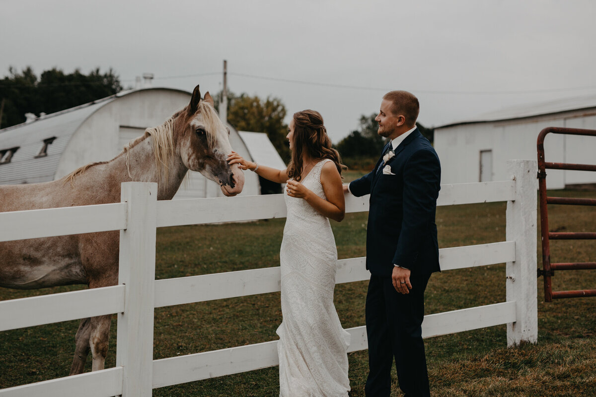 bride and groom lean against a white fence as bride holds out her hand to pet the horse