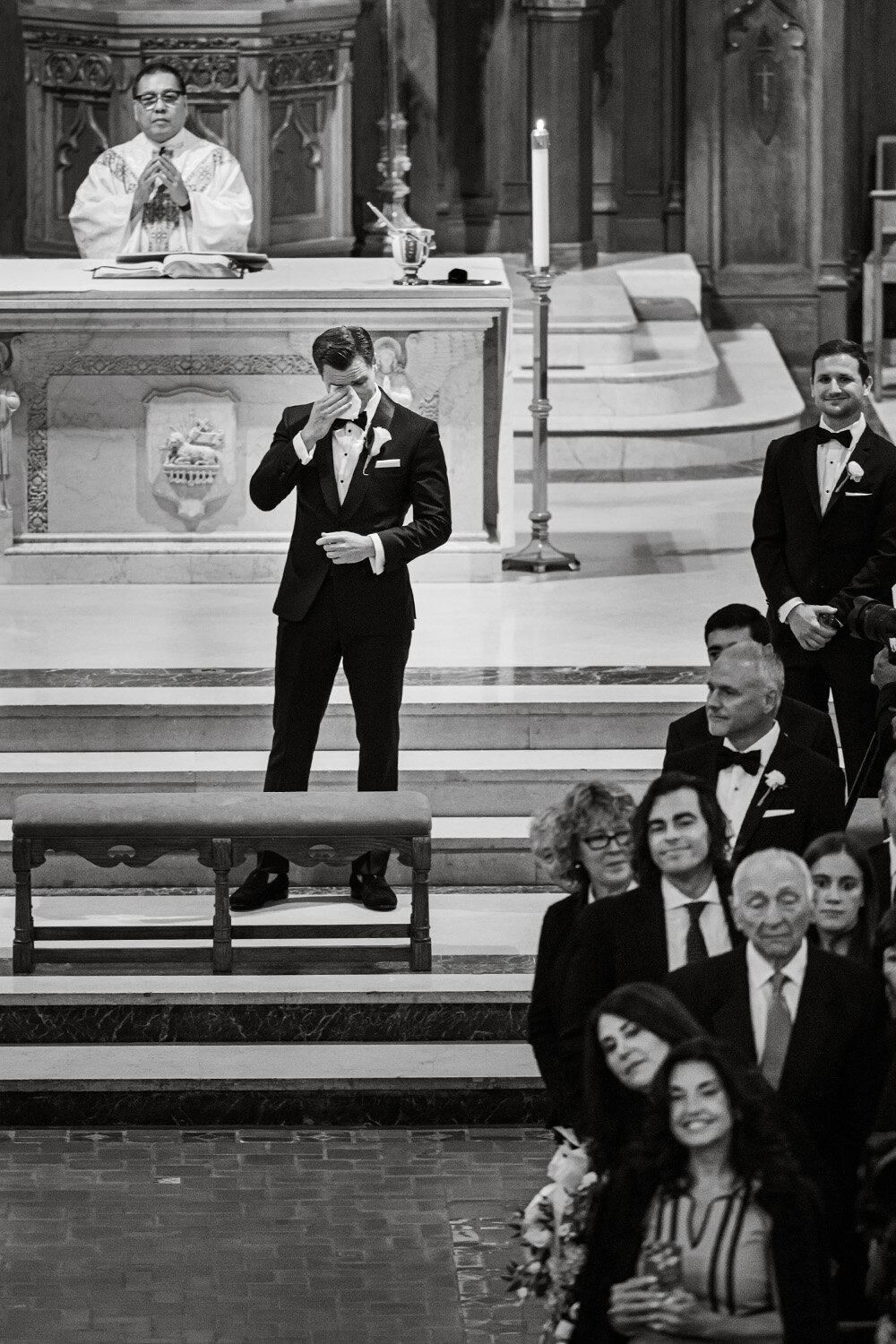 new york wedding ceremony groom crying church