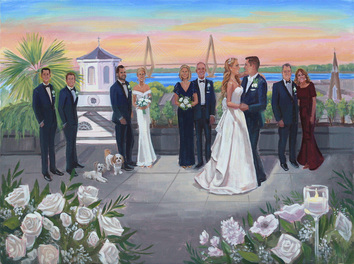 Live Wedding Painter from Charleston, SC, captures bride and groom dancing on rooftop bar at The Dewberry Hotel.  The painting includes the sunset view of the Ravenel Bridge and the bride and groom's family sharing the first dance moment.