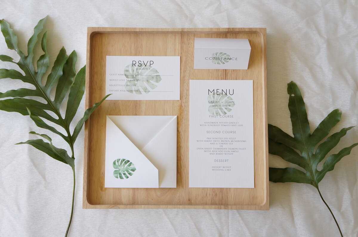 Tropical green leaf theme origami wedding invitation with matching place card and menu