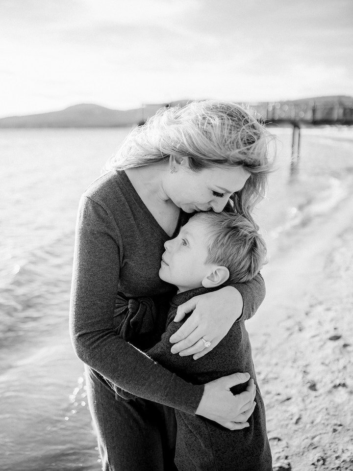 Mom and Son in Lake Tahoe on the beach photo