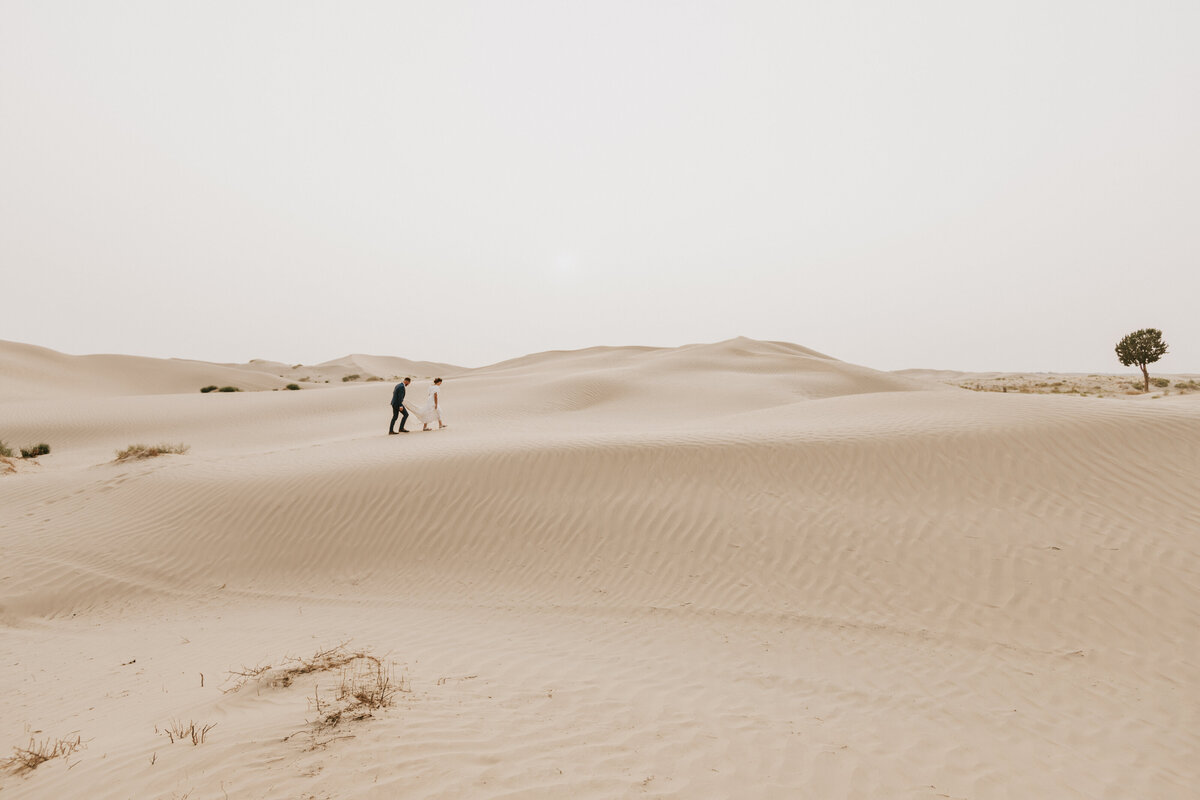 Wedding couple hiking up a Sand Dune