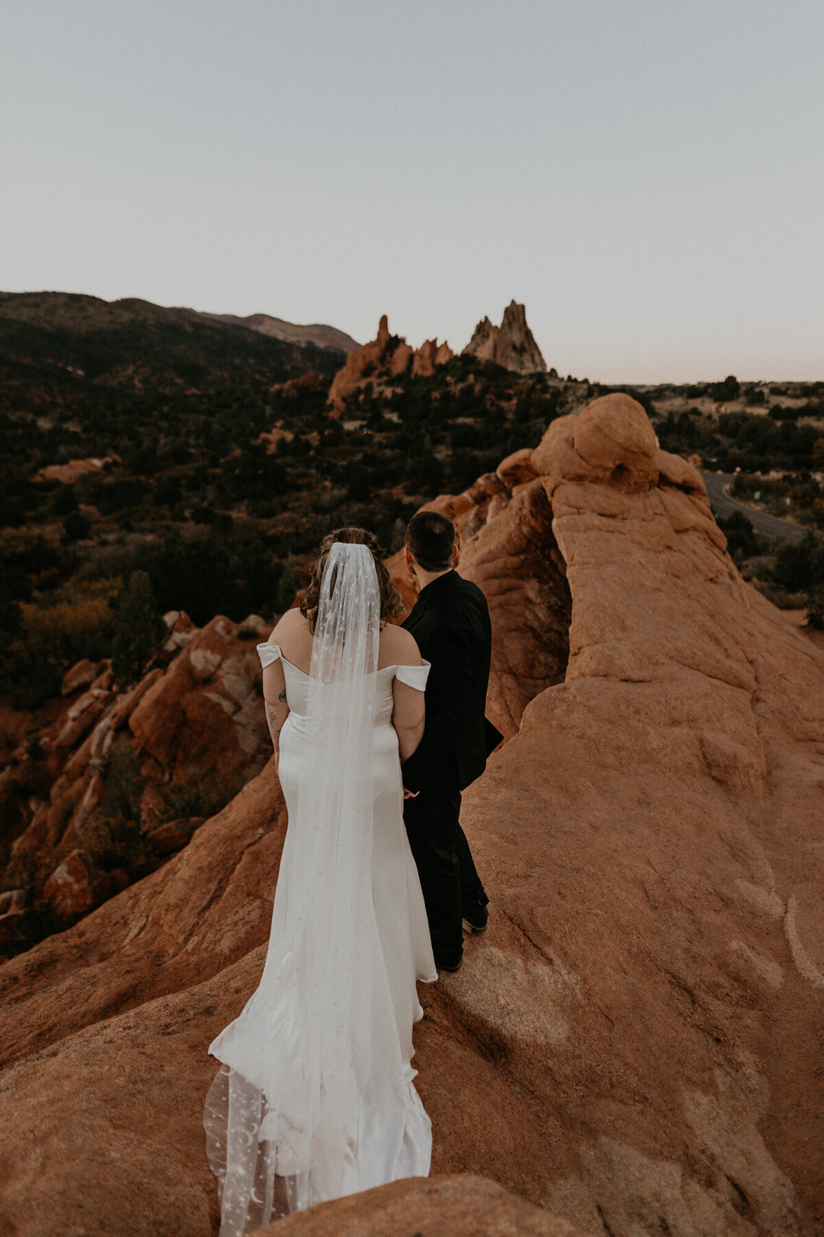 bride and groom looking off on the park in Garden of the Gods in Colorado