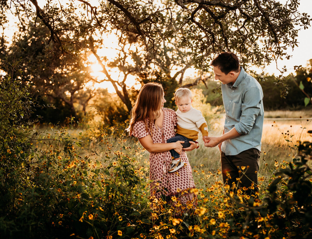 Family Photographer, Mom and dad holding little boy's hands in a flower field.Mom and Dad holding little boy's hand at sunset in the wildflowers.