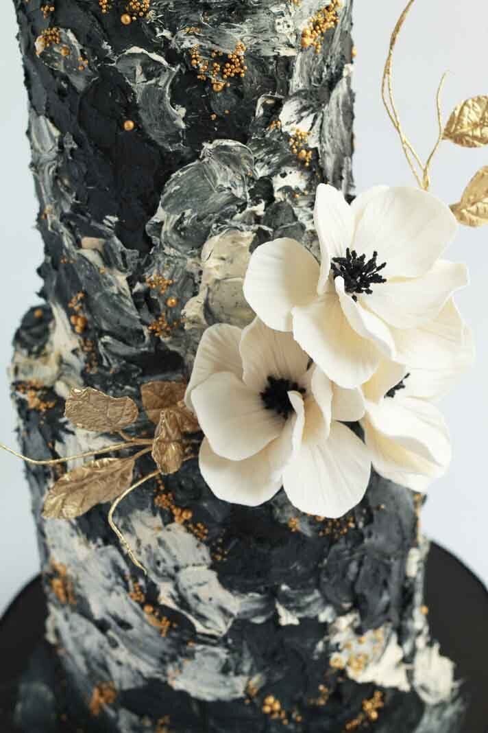 black and white textured buttercream cake with flowers, Hamilton ON wedding cakes