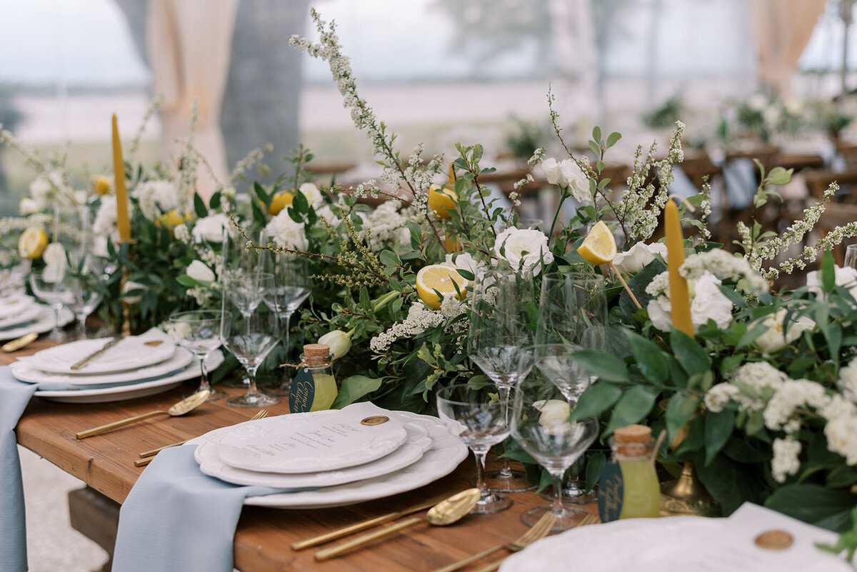 wedding tablescape with lush floral runner