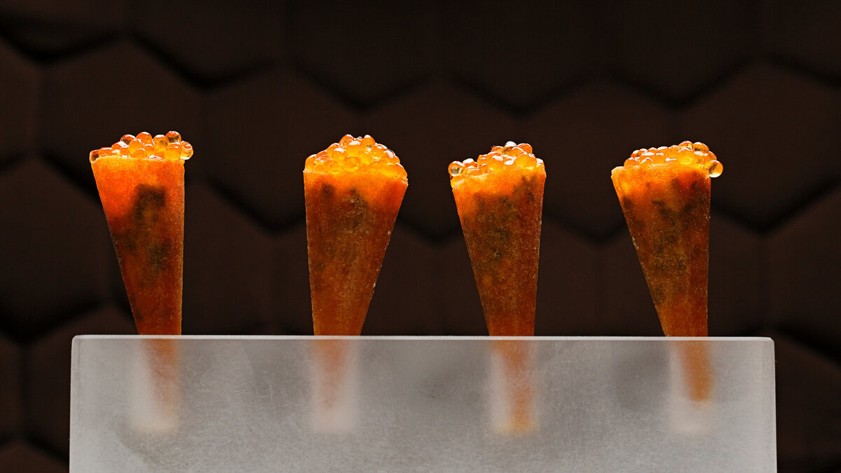 Cones of food in an ice block