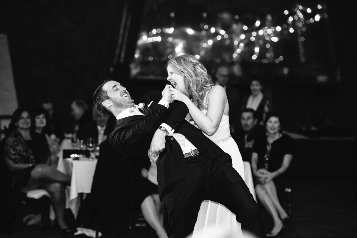 bride and groom first dances in black and white in Palisades tahoe