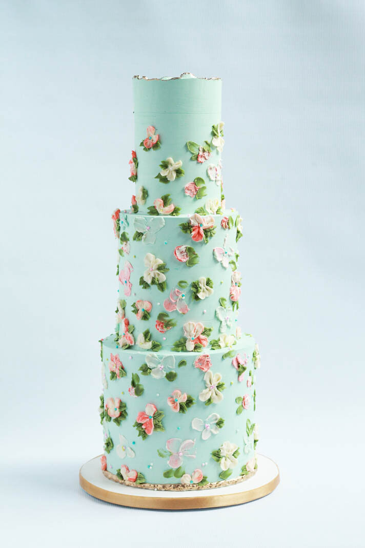 painted buttercream wedding cake, blue wedding cake, Hamilton ON wedding cakes