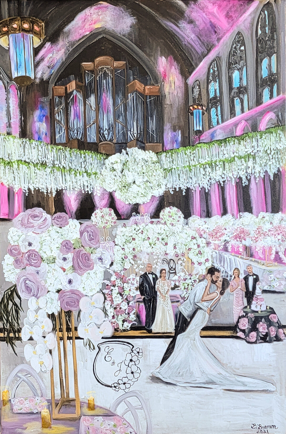 First dance dip live wedding painting in Cleveland. Couple in wedding attire kiss on the dance floor,.