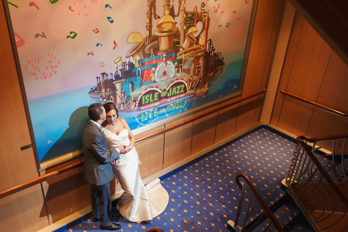 Romantic photo of bride and groom onboard Disney Dream