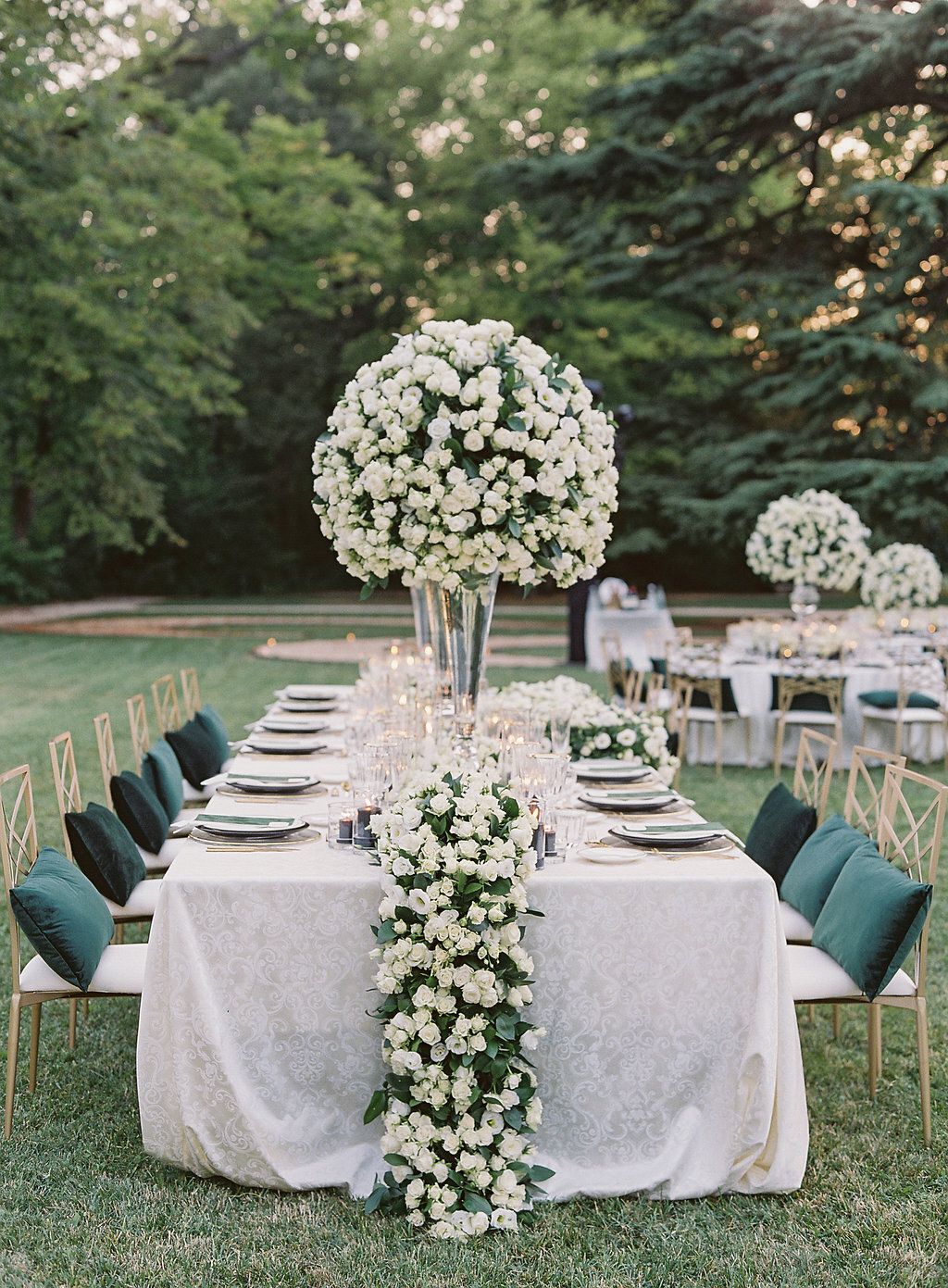 Enchanting tablescape, outdoor wedding dinner, floral decor