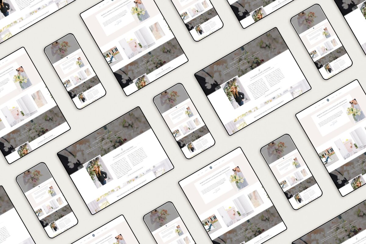 A flatlay of iPads and phones with photography websites on Showit