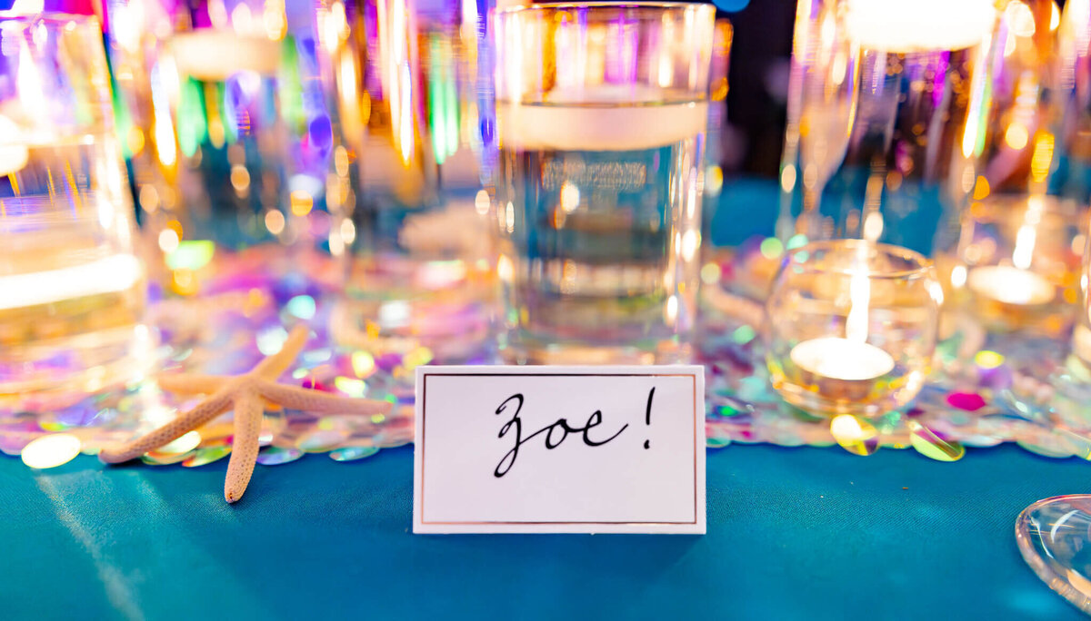 Details of a table setting at an aquarium themed reception table