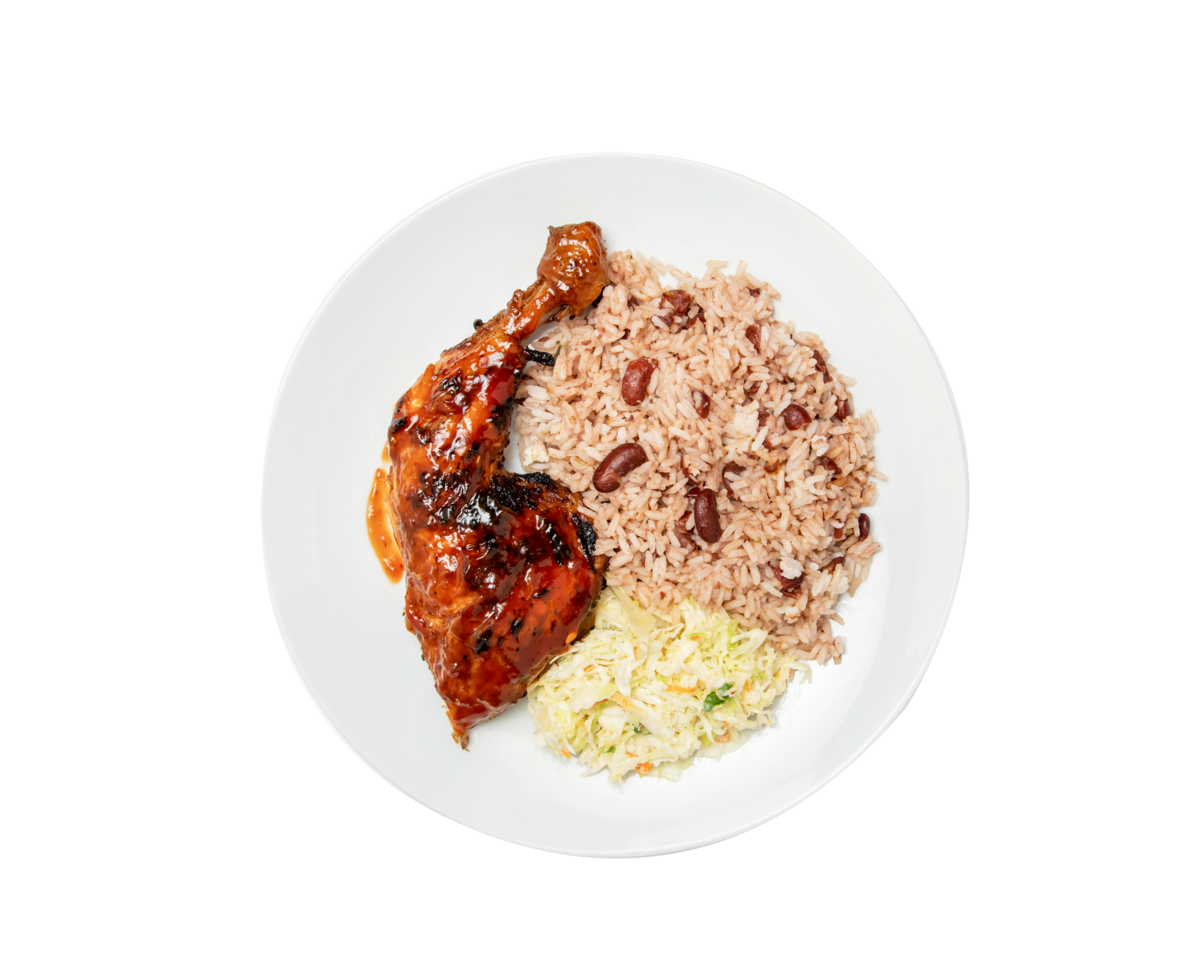 Jamaican BBQ chicken, rice and beans, and coleslaw.