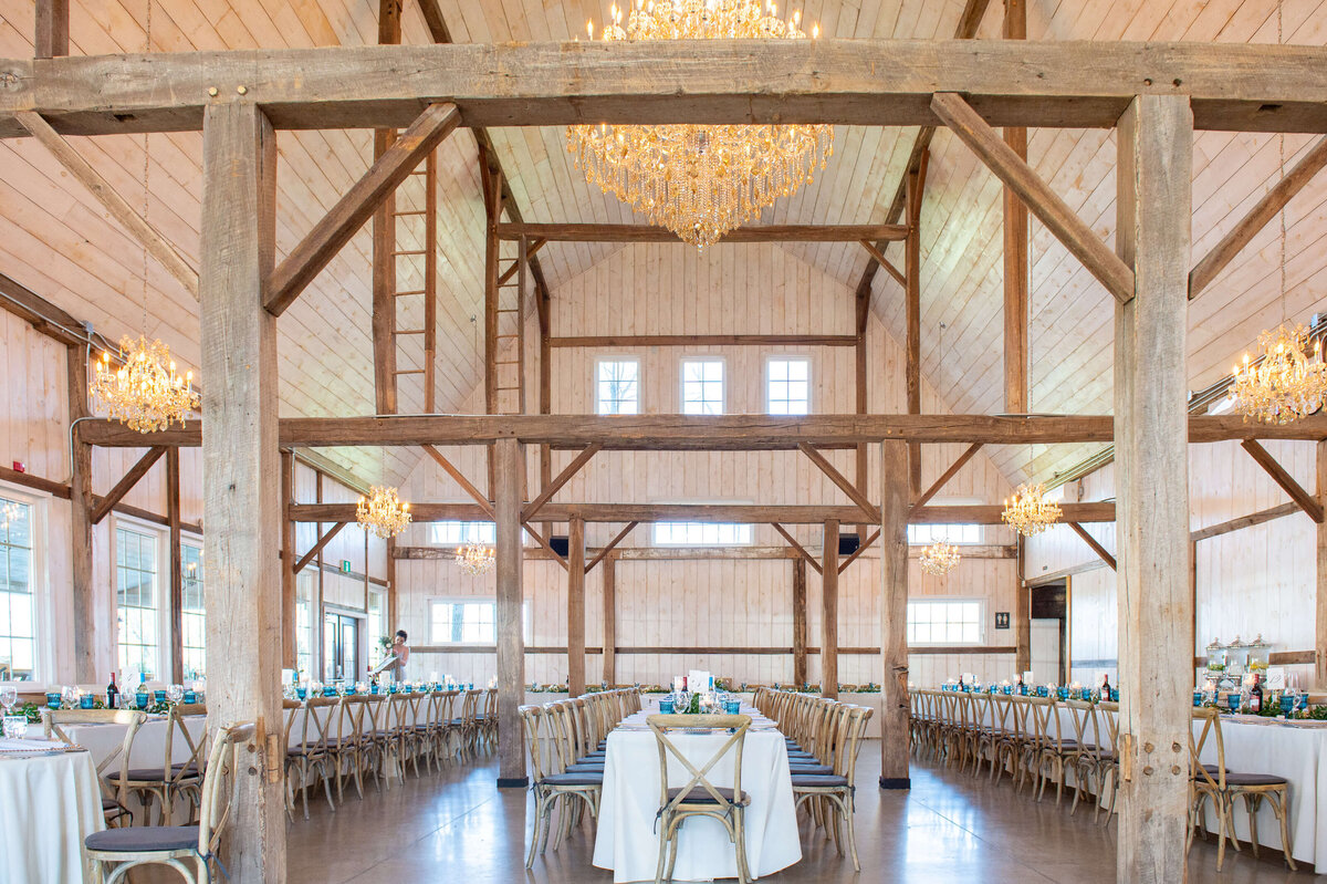 an interior view of the The Loft at Stonefields Estate wedding venue set up for a wedding reception.  Captured by Ottawa wedding photographer JEMMAN Photography