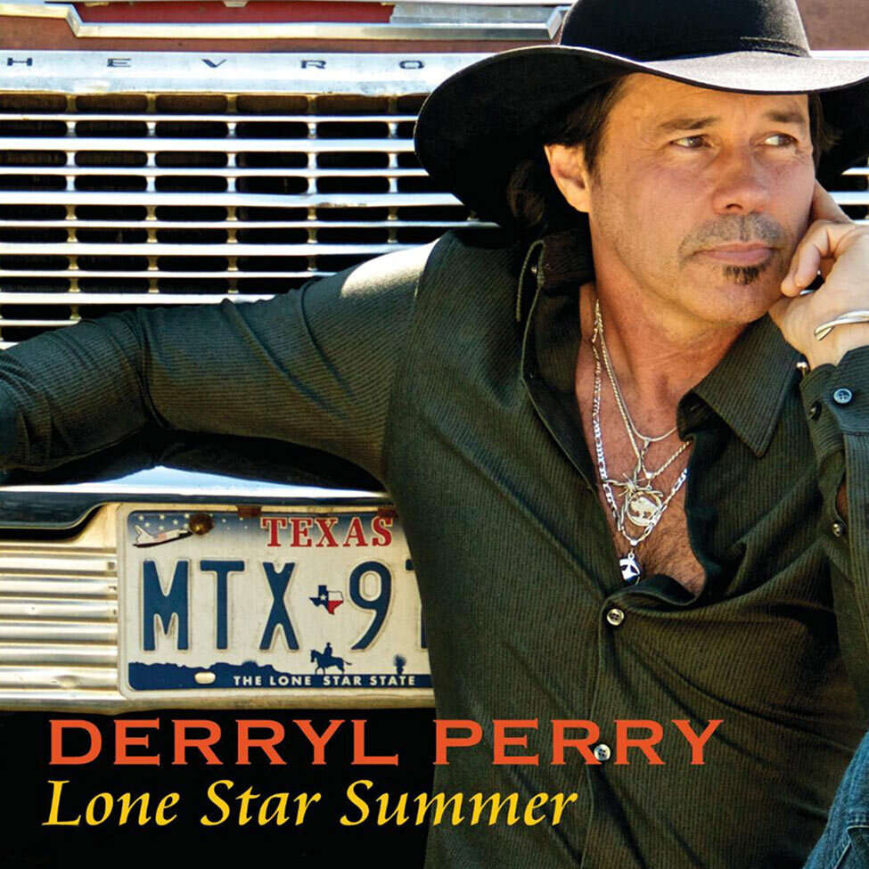Single Cover Title Lone Star Summer Artist Derryl Perry sitting on ground in front of grill of old car wearing black cowboy hat