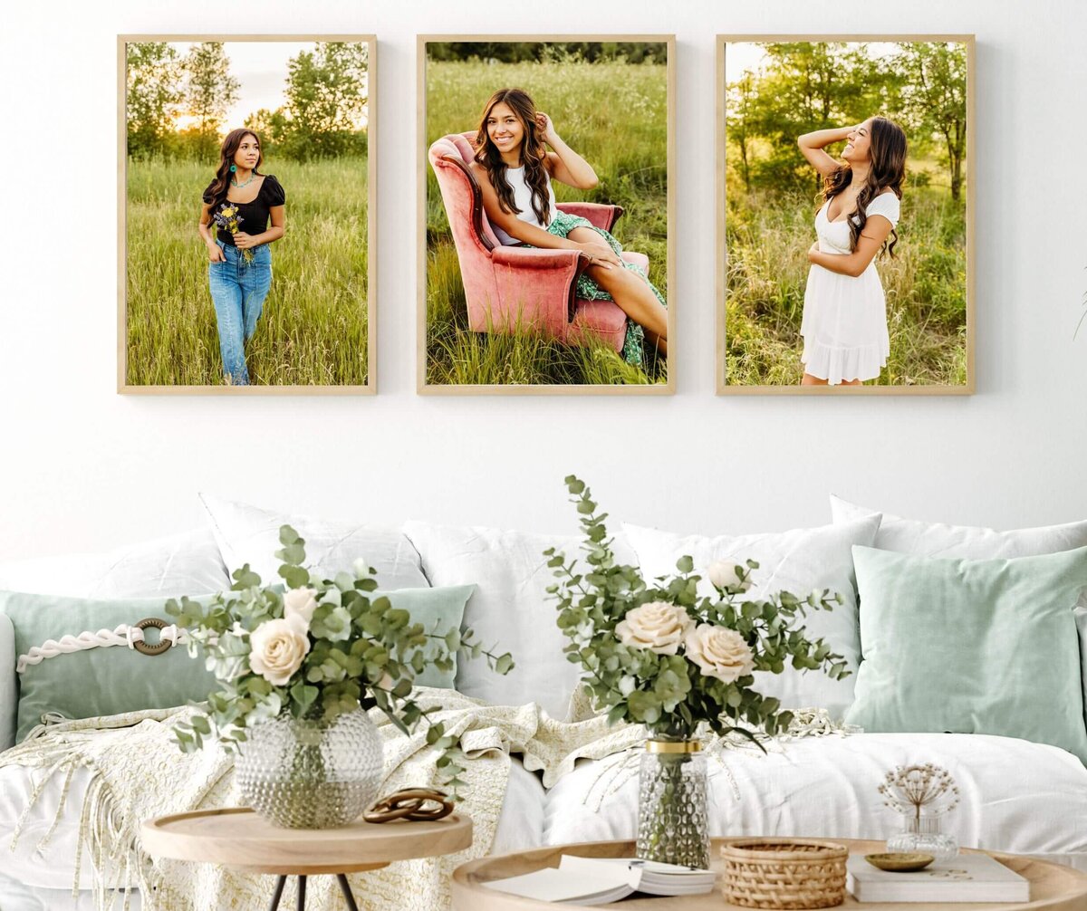 3 portraits of a green bay senior girl hanging on display above a couch and flowers  in a den