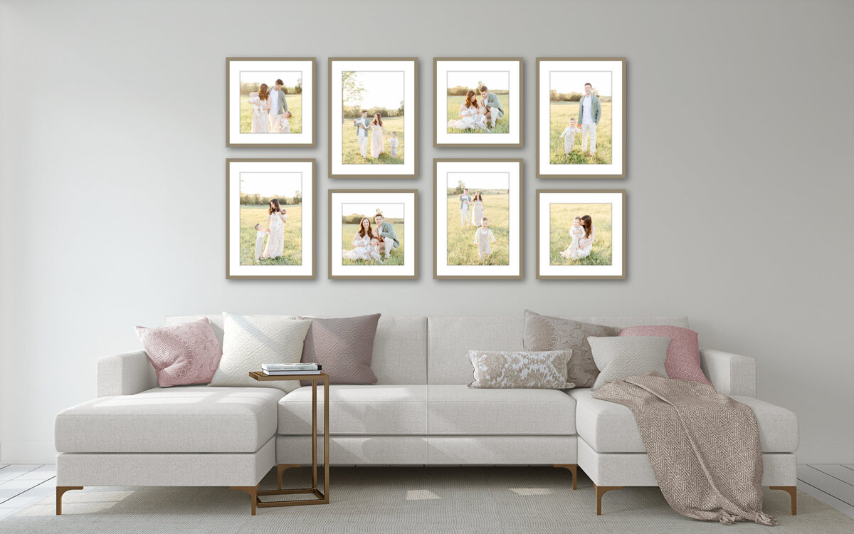 A Newborn Photographer Washington DC photo of a gallery wall consisting of 4 square 8x8 frames and 4 8x12 frames