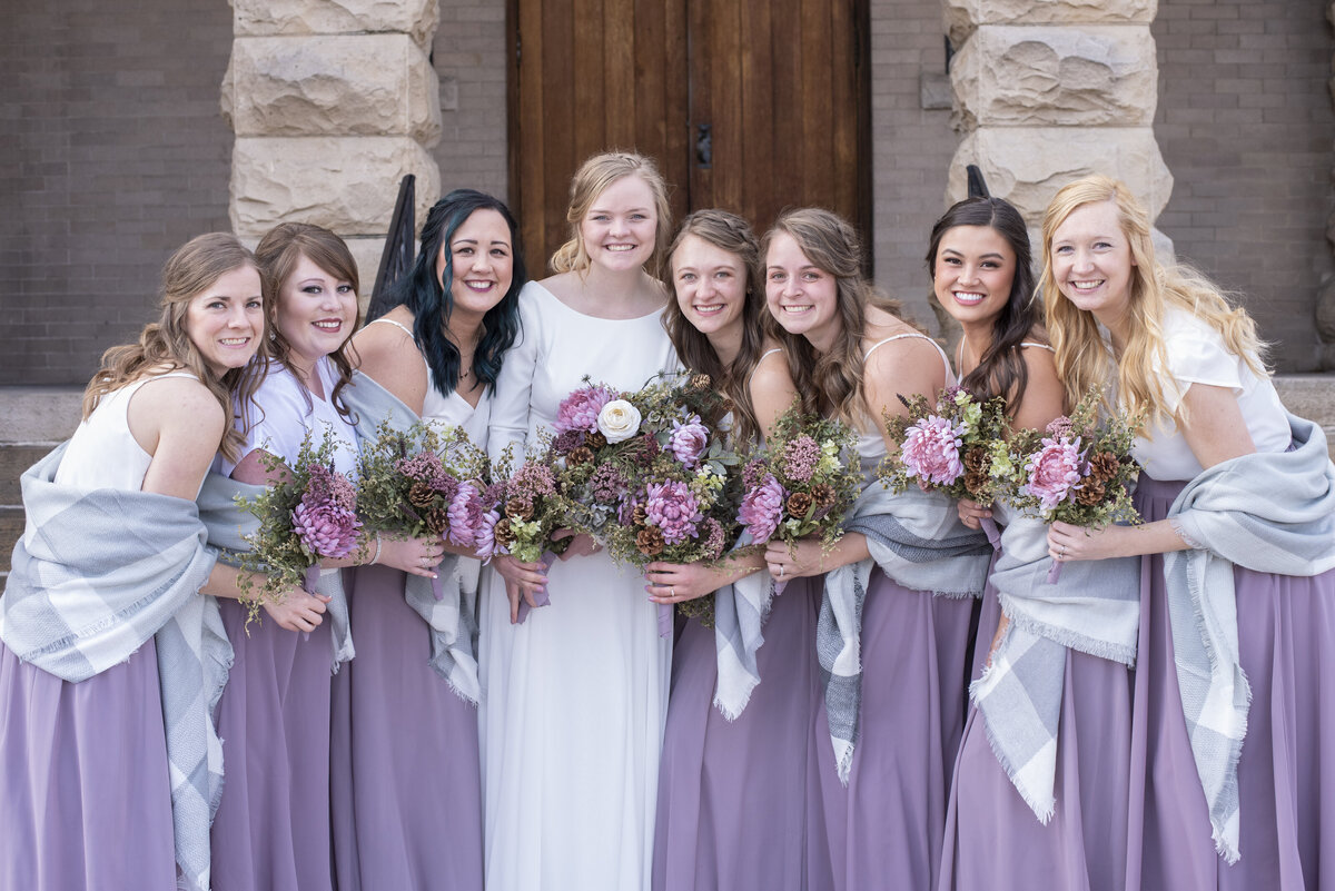 Winter wedding at Church in Greeley, bride with bridesmaids