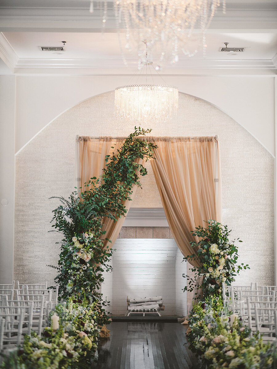 A beautiful, luxurious statement wedding arch at Belle Mer for Rachael & Michael. Just Bloomd Weddings Belle_Mer_Wedding Boston Weddings.