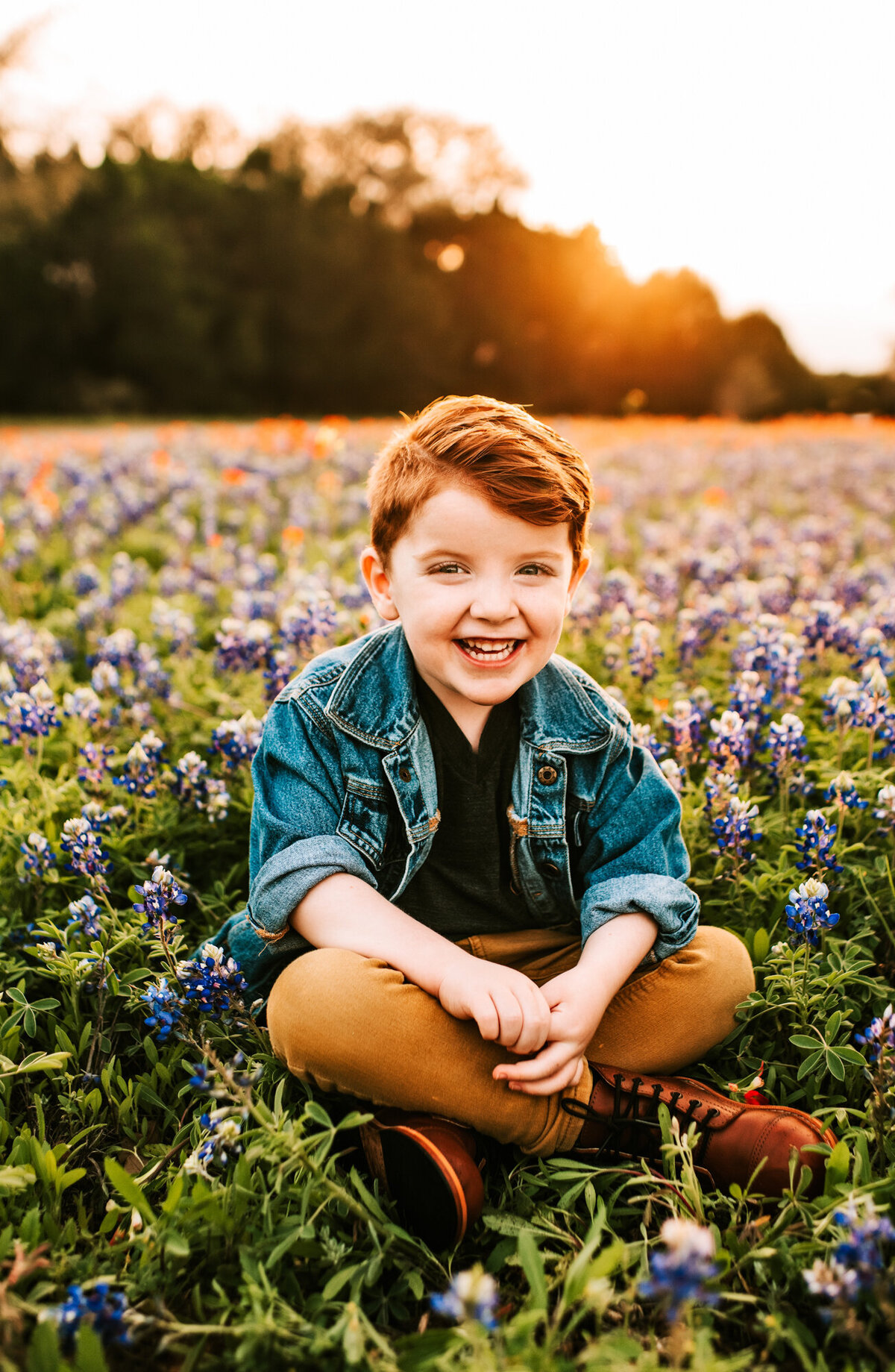 Little boy in a jean jacket sitting in a field of bluebonnets at sunset.