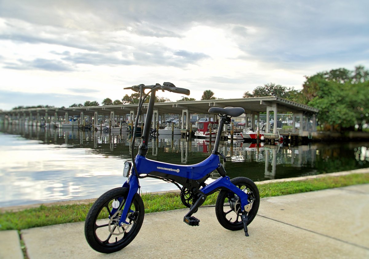 Blue Go-Bike M4 on boat dock
