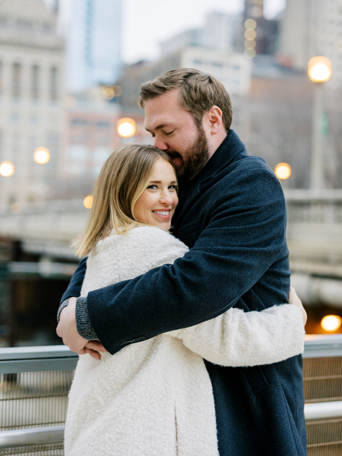 A candid engagement photo in downtown Chicago