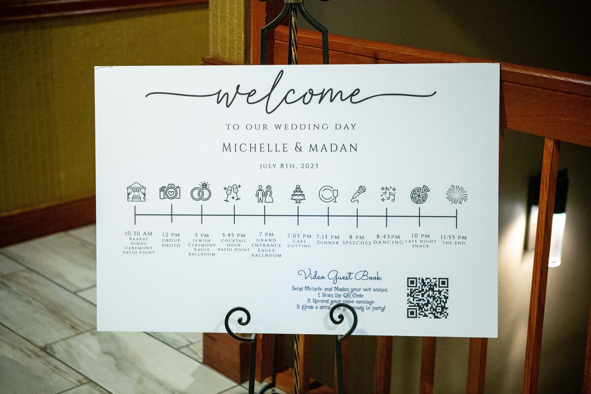 A wedding day schedule sign with the names "Michelle &amp; Madan" and events listed with corresponding icons, including a QR code for guest book signing at Park Farm Winery.