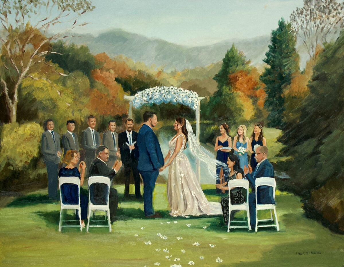 wedding painting of bride and groom holding hands with family autumn ceremony