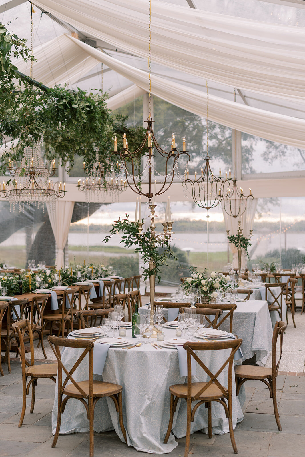 tented reception with chandeliers at Lowndes Grove wedding