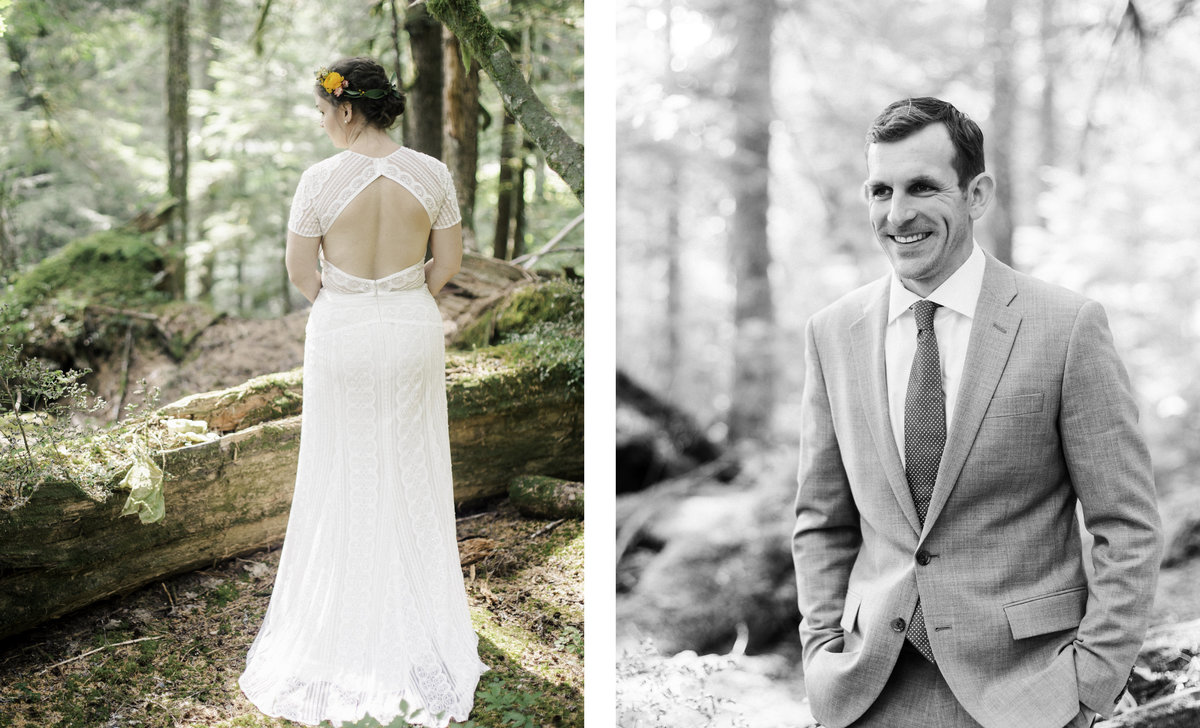 two photos one of bride standing with back turned for bridal details and another blank and white portrait of groom in the forest